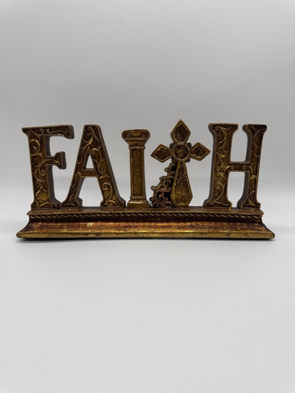 Resin figurine Sign FAITH In Ornate Letters Religious Cross Stand vintage